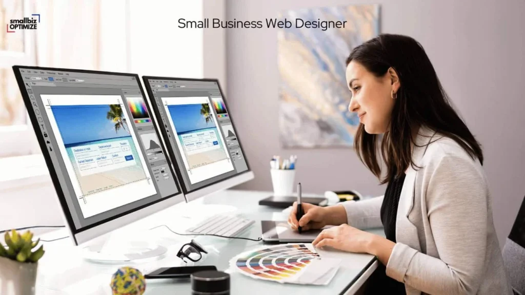Web designer working on dual monitors.