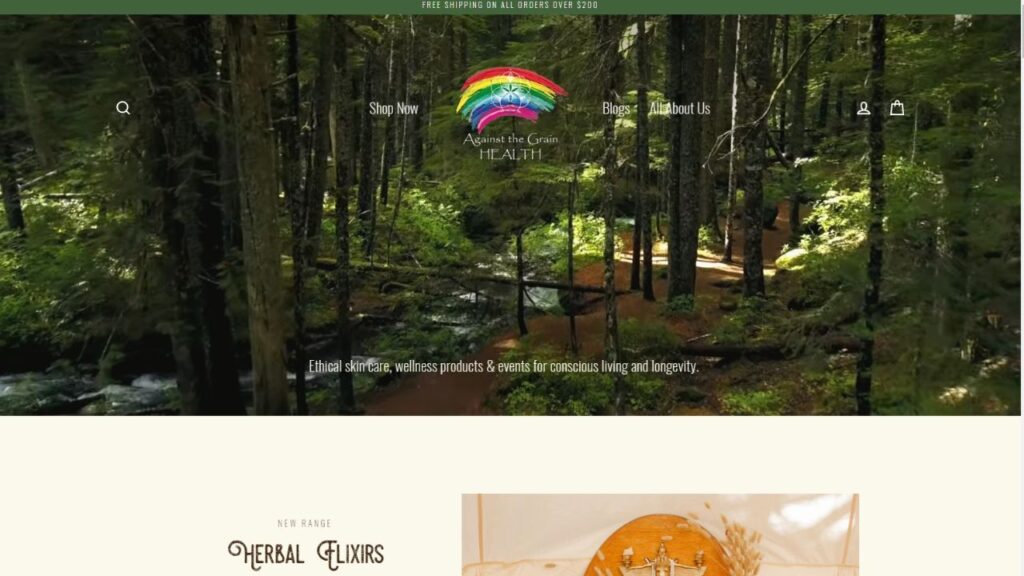 Forest scenery promoting ethical skincare and wellness.