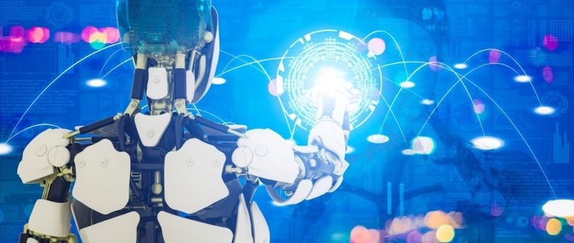 Robot interacting with digital interface screen.