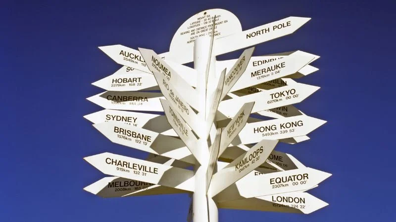 Directional signpost with global city distances.