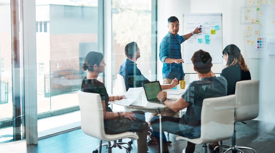 Business team in meeting with presentation board.