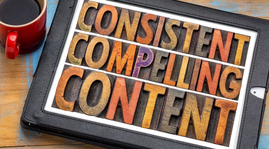 Consistent compelling content concept with coffee cup.