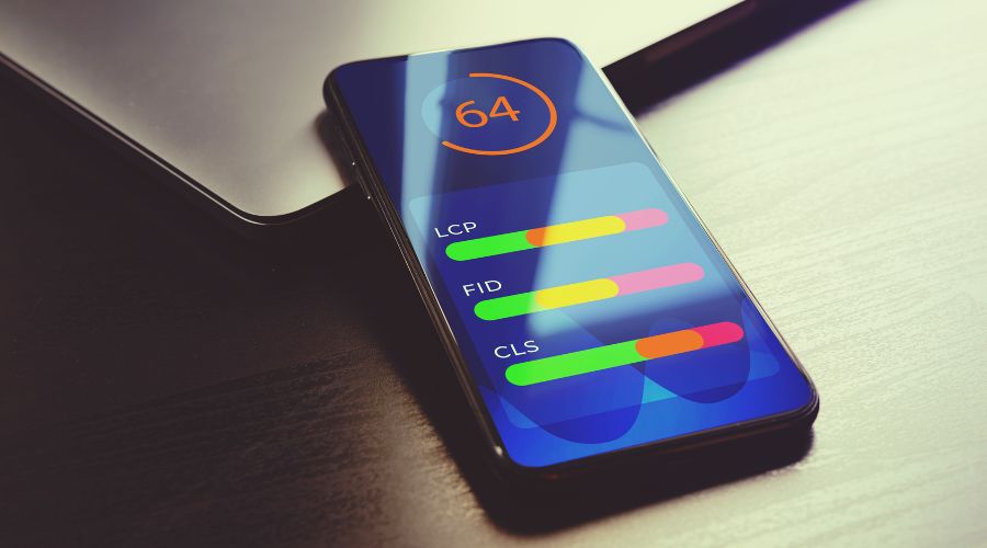 Smartphone showing performance score with colorful bars.