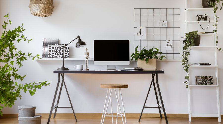 Minimalist home office with plants and computer.