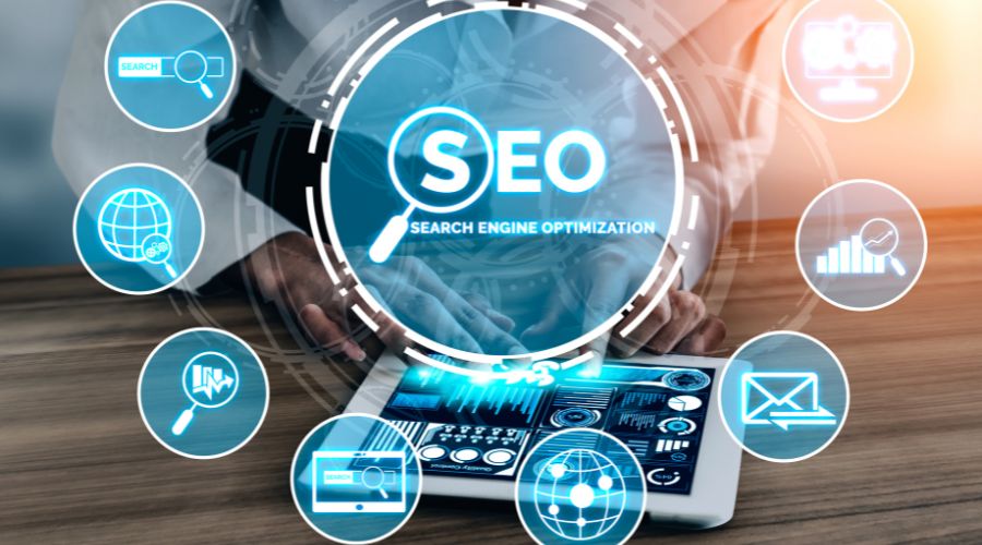 SEO optimization concept with digital icons.