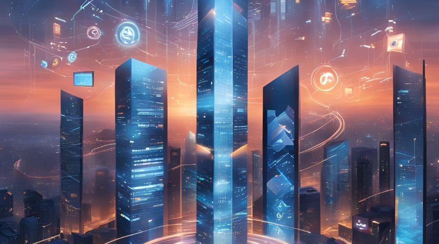 Futuristic cityscape with digital overlays at sunset.