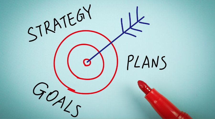 Strategy, goals, plans with arrow target illustration.