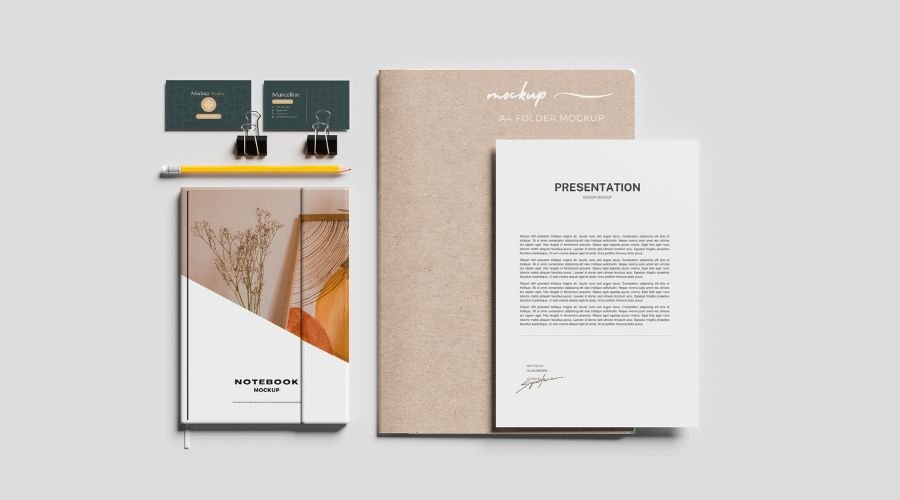Office stationery mockup with notebook and business cards