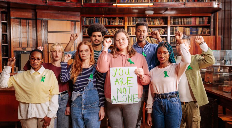 Diverse group holding 'You Are Not Alone' sign.