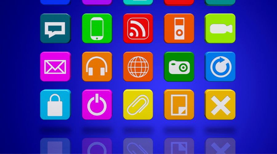 Colorful app icons on a blue background.