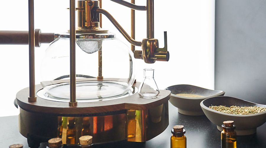 Laboratory glassware with bottles and grains