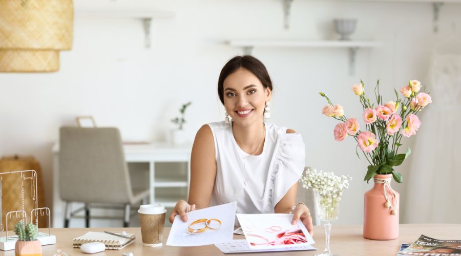 Woman smiling with jewelry designs at desk.