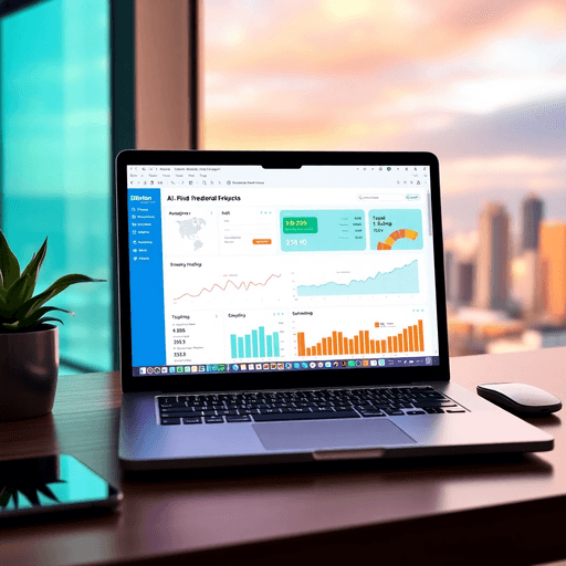 Modern digital marketing workspace with laptop showing AI analytics, set against a subtle city skyline, symbolizing small business growth in 2025.