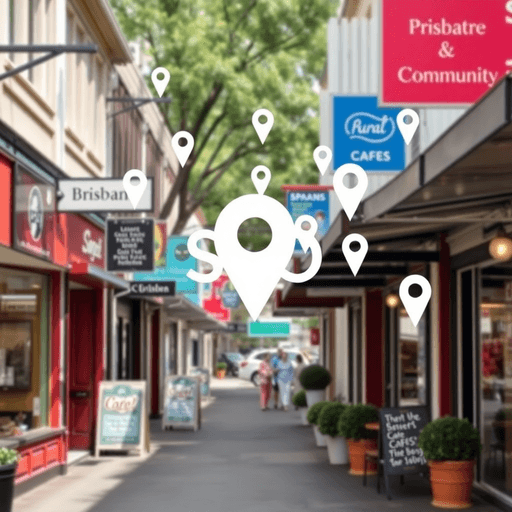 Vibrant Brisbane street with cafés and shops, storefront signs visible, overlaid with digital map pins highlighting local SEO and community connect...