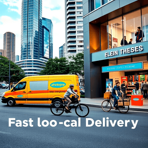 Brisbane cityscape with delivery vans, courier bikes on busy streets, and a modern retail store with customers picking up orders, highlighting fast...