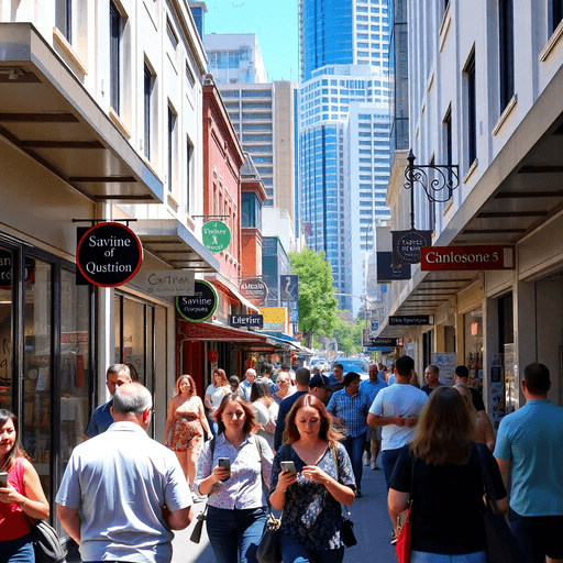 Busy Brisbane street with colorful shops, people walking, browsing storefronts, and using smartphones under bright sunny skies.