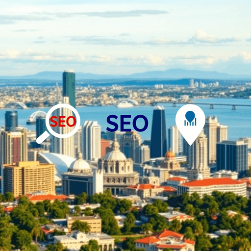 Cityscape of Brisbane with icons of magnifying glasses, graphs, and location pins overlayed, symbolizing targeted local SEO strategies.