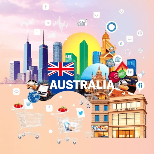 Collage of Australian industry icons including city skyline, digital marketing symbols, printing press, e-commerce carts, food dishes, and hotel fa...