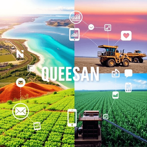 Collage of Queensland's industries: Great Barrier Reef, mining site with machinery, agricultural fields, linked by digital marketing icons and devi...