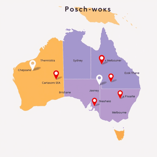 Colorful map of Australia with location pins on major cities and digital search icons, showcasing multi-location SEO for franchises in a modern des...
