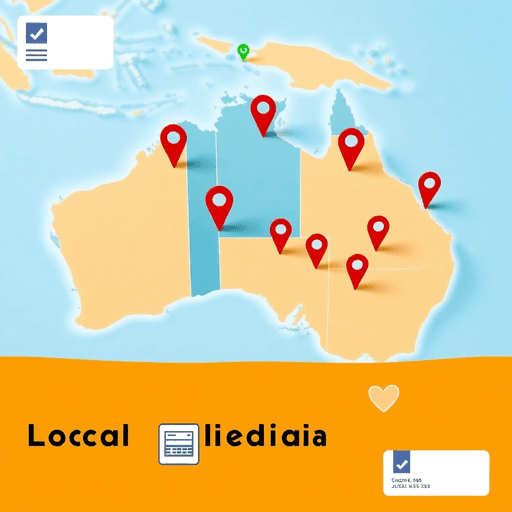 Colorful map of Australia with pins marking business locations and icons of a business card, phone, and address indicating local SEO citations.