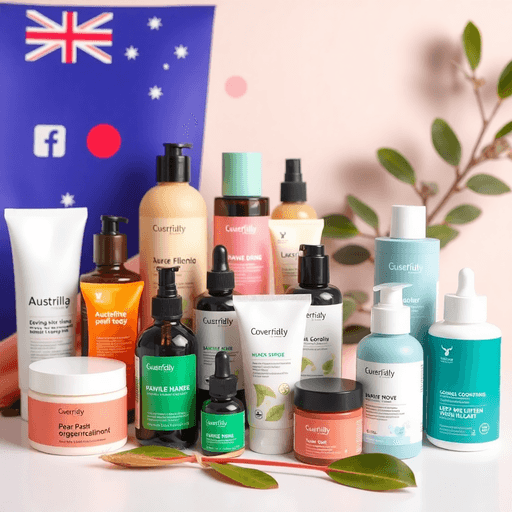 Colorful skincare products with eco-friendly packaging surrounded by eucalyptus leaves and social media icons, emphasizing beauty, wellness, and su...