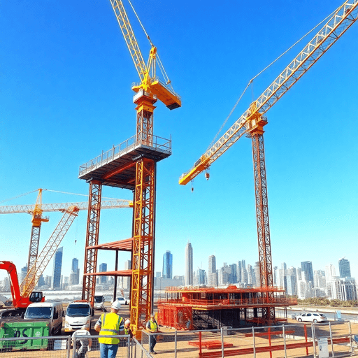 Construction site with cranes, building frameworks, and workers in safety gear, set against an Australian city skyline under a clear sky.
