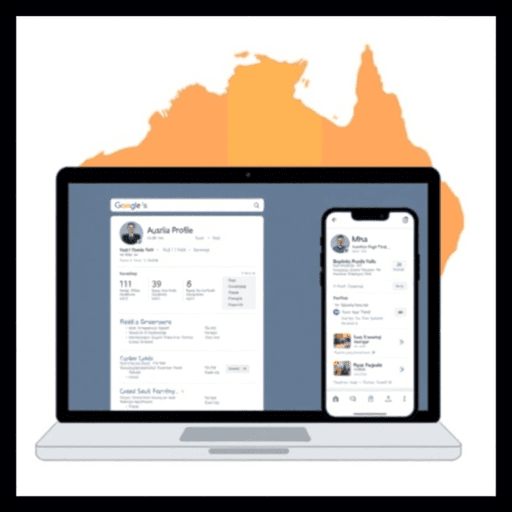 Digital illustration of a laptop and smartphone showing Google Business Profile with an Australia map highlighting local search results.
