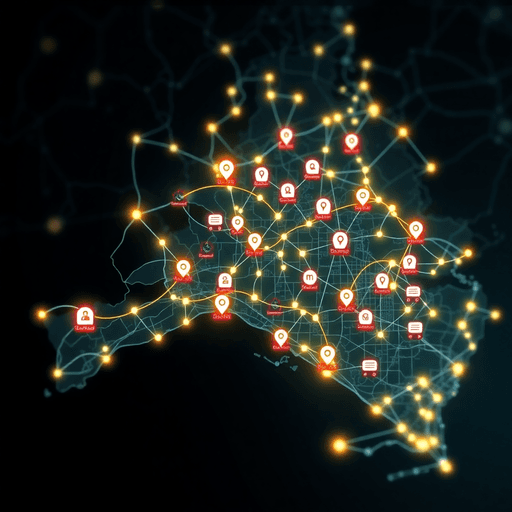 Digital map of Brisbane with glowing links connecting local business icons, illustrating strong SEO and community network growth in a vibrant, phot...