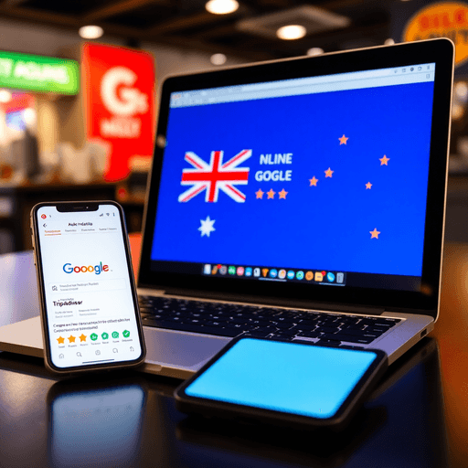 Digital marketplace scene with laptop and smartphone showing Australian review platforms, star ratings, and positive feedback icons symbolizing con...