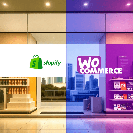 Digital storefront split showing Shopify's sleek design and WooCommerce's creative interface, with a subtle Brisbane cityscape background.