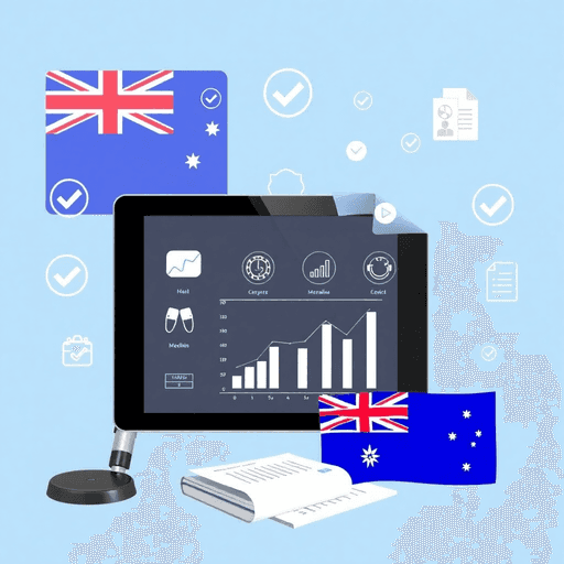 Digital tablet with medical icons and graphs, surrounded by compliance symbols and Australian flag in the background, clean modern healthcare marke...