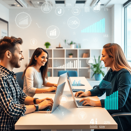 Entrepreneurs in a vibrant office using laptops and AI tools, surrounded by holographic data charts and icons for automation and customer engagement.