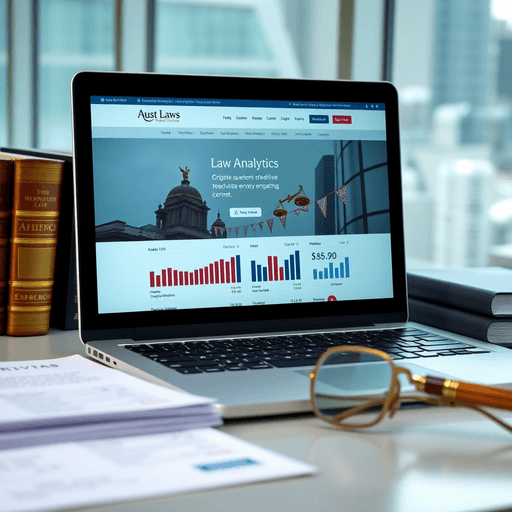 Laptop showing law firm SEO analytics on screen, surrounded by legal books and documents in a modern office with city view.