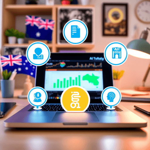 Laptop showing social media analytics and AI icons on a desk with Australian flag and map in the background, representing AI-powered marketing.