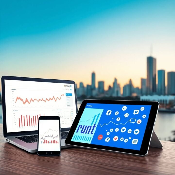 Laptop, smartphone, and tablet showing analytics and social media icons with Brisbane city skyline in daylight in a realistic digital marketing con...