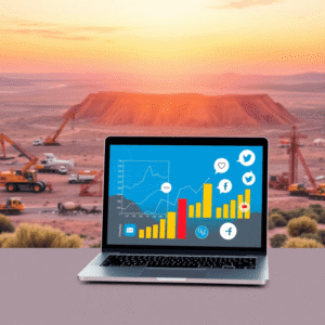 Laptop with graphs and social media icons overlaid on Western Australia's landscape featuring mining equipment and tourist attractions.