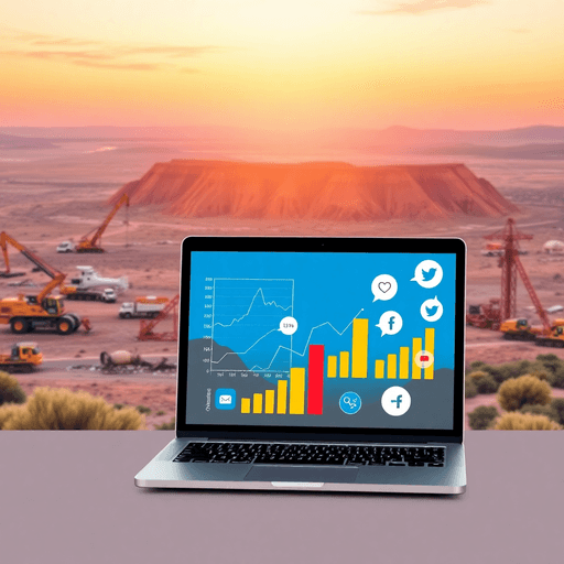 Laptop with graphs and social media icons overlaid on Western Australia's landscape featuring mining equipment and tourist attractions.