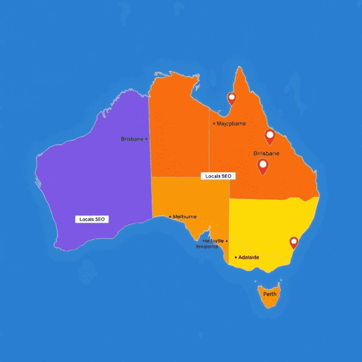 Map of Australia with major cities marked by digital icons for SEO elements like location pins, search bars, and business listings in a modern, cle...