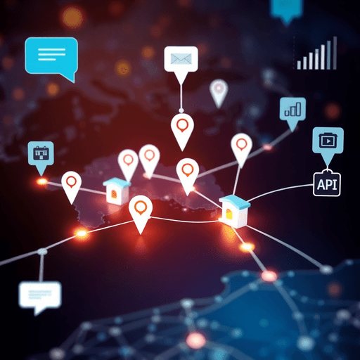 Map with multiple store locations connected by glowing lines, featuring AI icons like chat bubbles and data analytics symbols in a photo style.