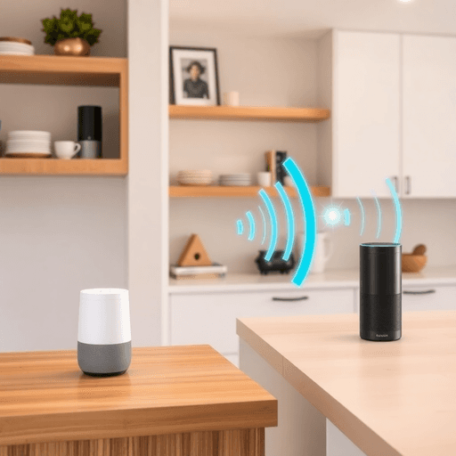 Modern home interior with smart speakers on shelves and countertops, digital voice wave graphics symbolizing voice search technology.