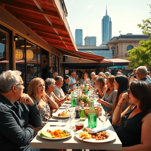 Outdoor dining at a lively Australian restaurant with diverse guests, iconic landmarks in the background, bright atmosphere, and vibrant social int...