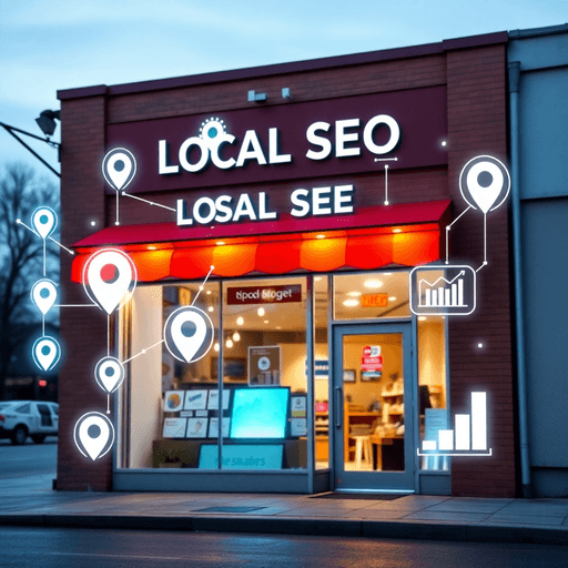 Photograph of a colorful small business storefront surrounded by glowing digital icons like location pins, keywords, and data graphs symbolizing AI...