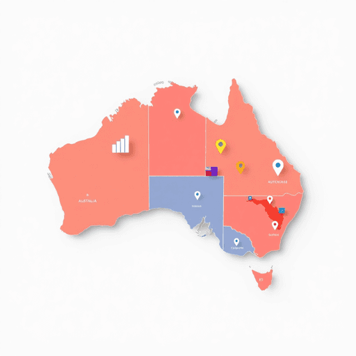 Photograph-style vibrant map of Australia highlighting states with digital marketing icons like graphs, social media symbols, and location pins sho...