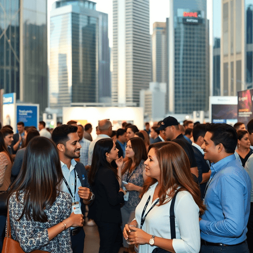 Professionals networking and exchanging ideas at a vibrant business event with cityscape backdrop and branded booths showcasing innovative products.