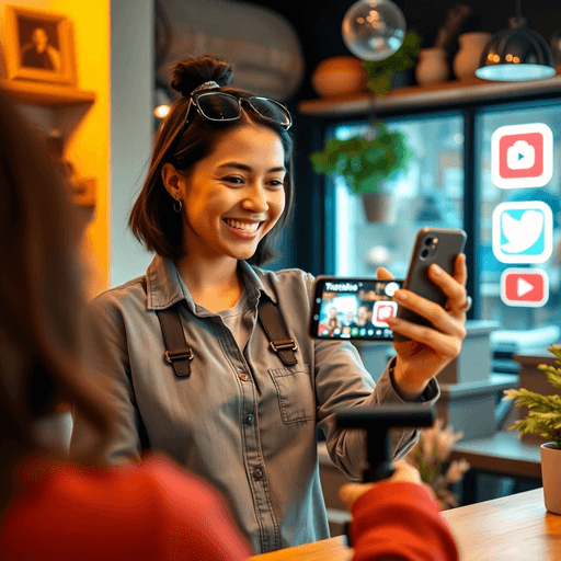 Small business owner live streaming with smartphone in cozy shop, surrounded by glowing social media icons for Facebook, Instagram, and YouTube.