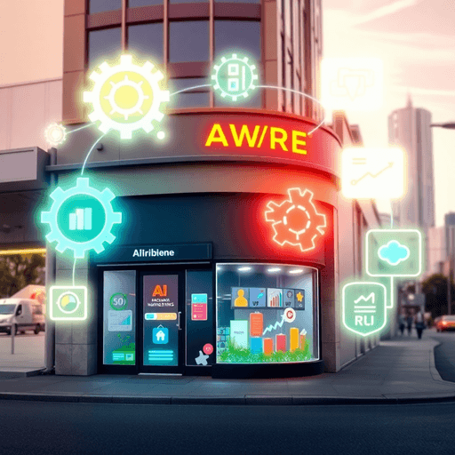 Small business storefront with glowing AI icons like gears, charts, and chat bubbles, set against a bright cityscape background in a modern digital...