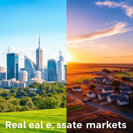 Split-image of a modern city skyline with high-rises on one side and a peaceful regional town with open landscapes on the other.
