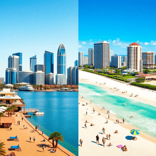 Split-image of Brisbane’s skyline with corporate buildings and tech icons, contrasted with Gold Coast’s sunny beach, tourists, palm trees, and hosp...