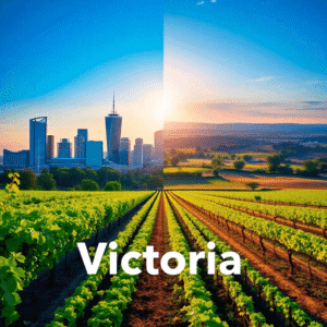 Split image of Melbourne skyline with digital icons on one side and green vineyards and farmland on the other, illustrating urban innovation and ru...